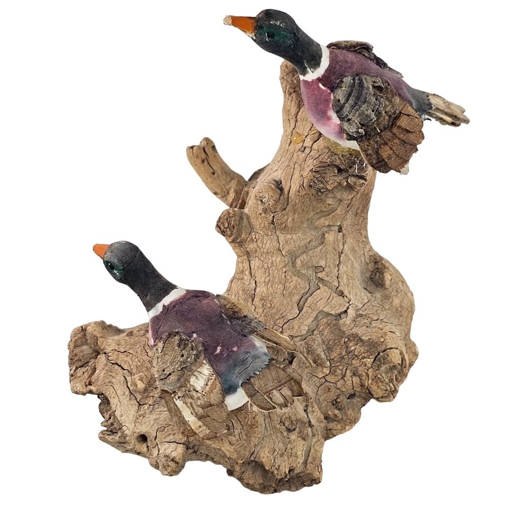 Vintage Mallard Duck On Drift Wood Figurine Decor Bird Folk Art